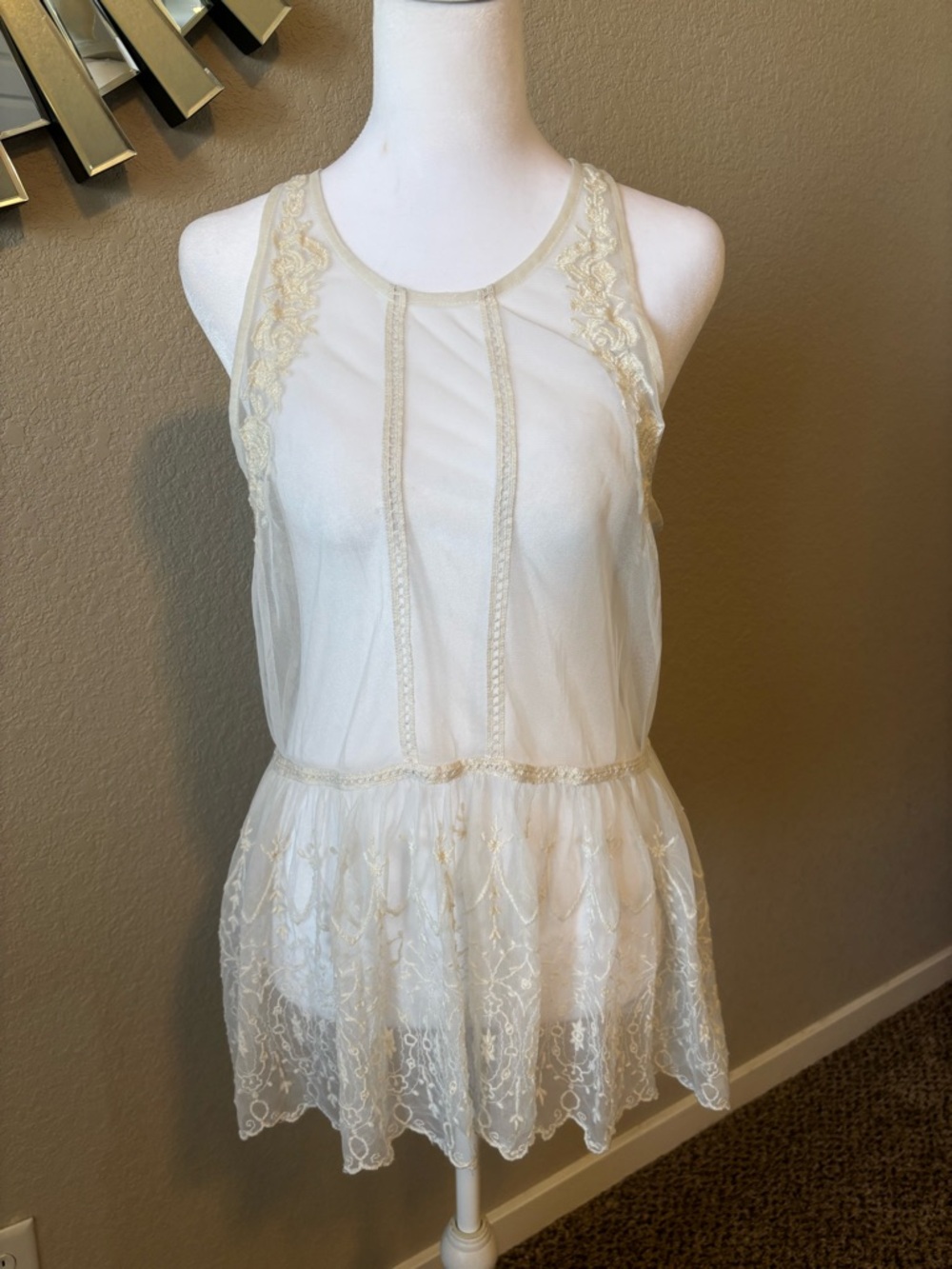 Hollister Ivory Lace Trim Sheer Peplum Tank Top